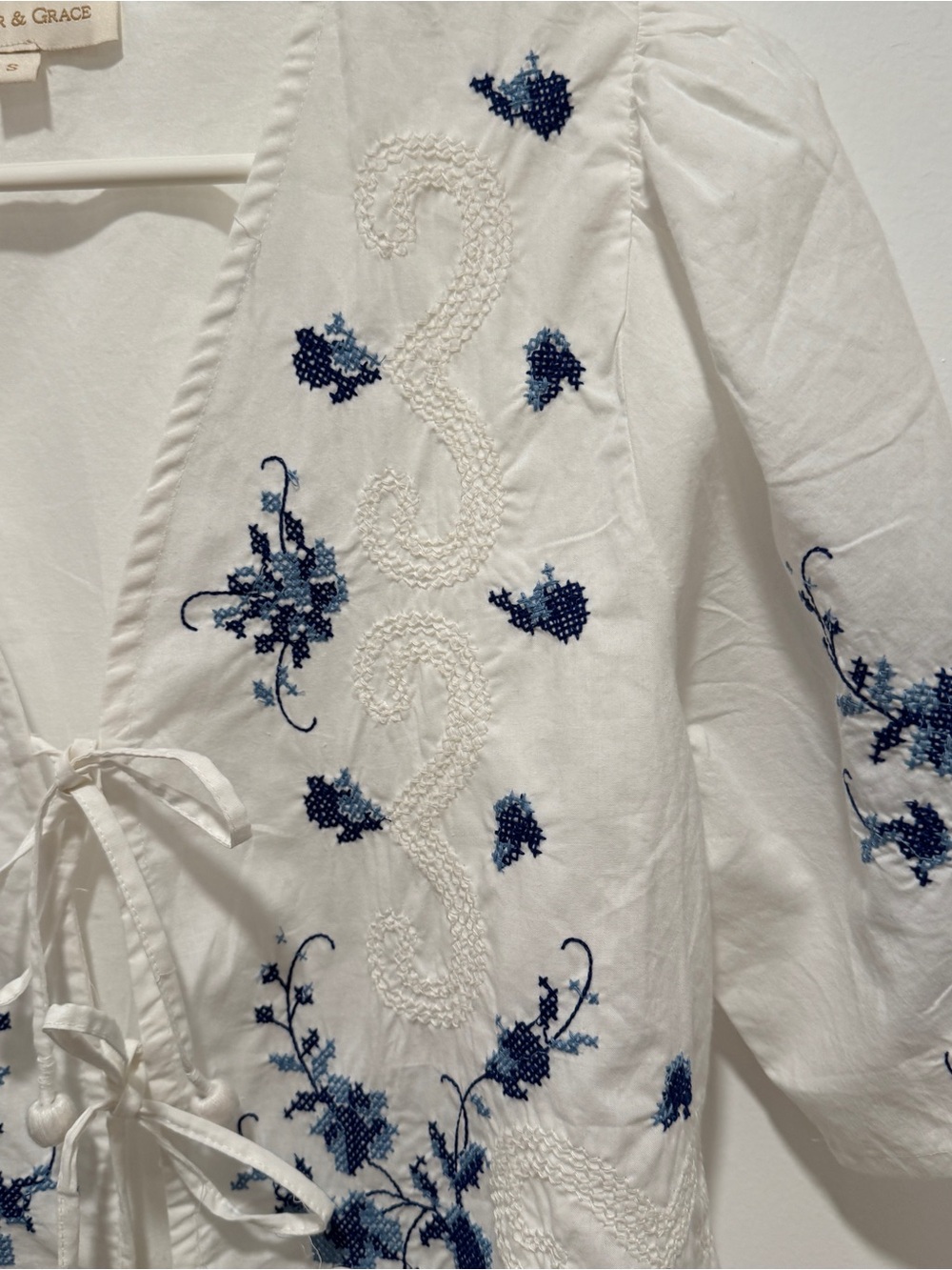 Jennifer & Grace White V-Neck Embroidered Peasant Blouse with Blue Floral Detail - Picture 8 of 8